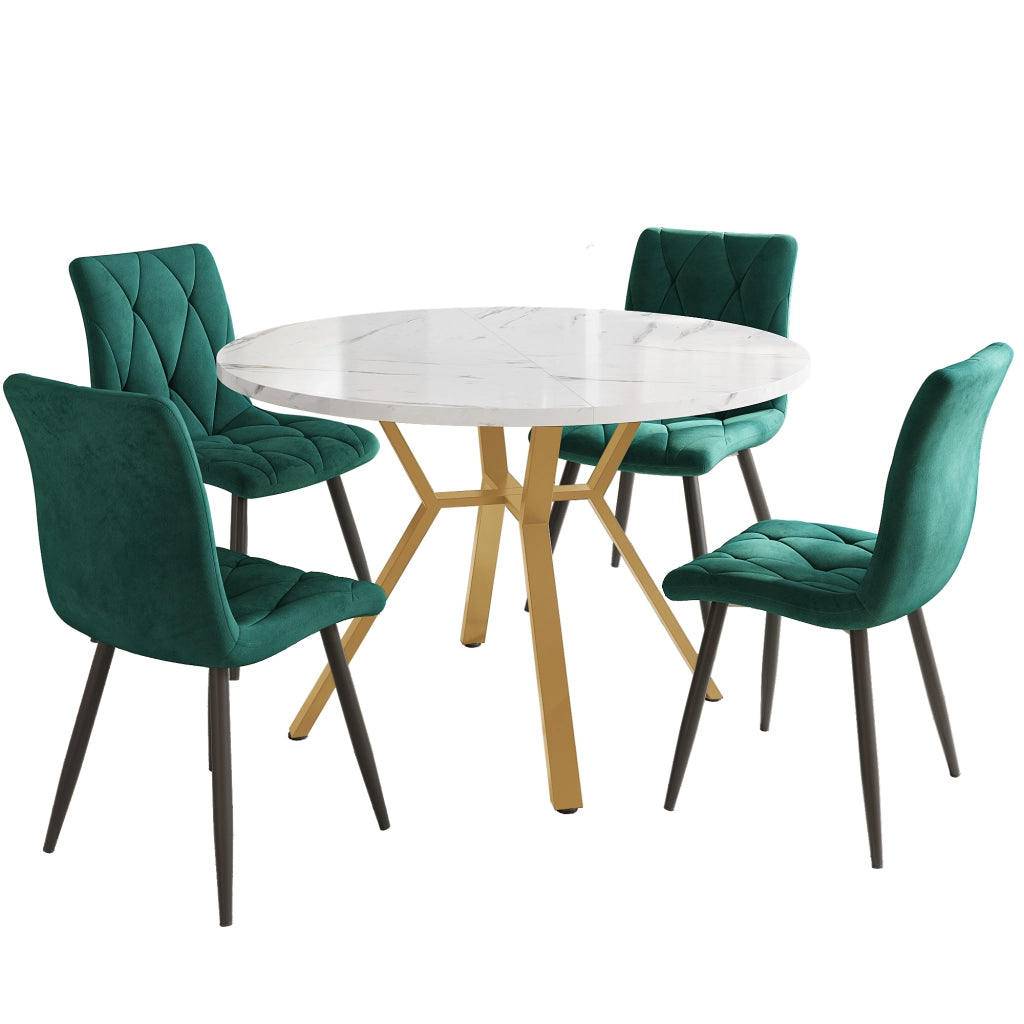 Tavolo da pranzo rotondo con 4 sedie, piano effetto marmo, gambe in metallo dorato, per sala da pranzo