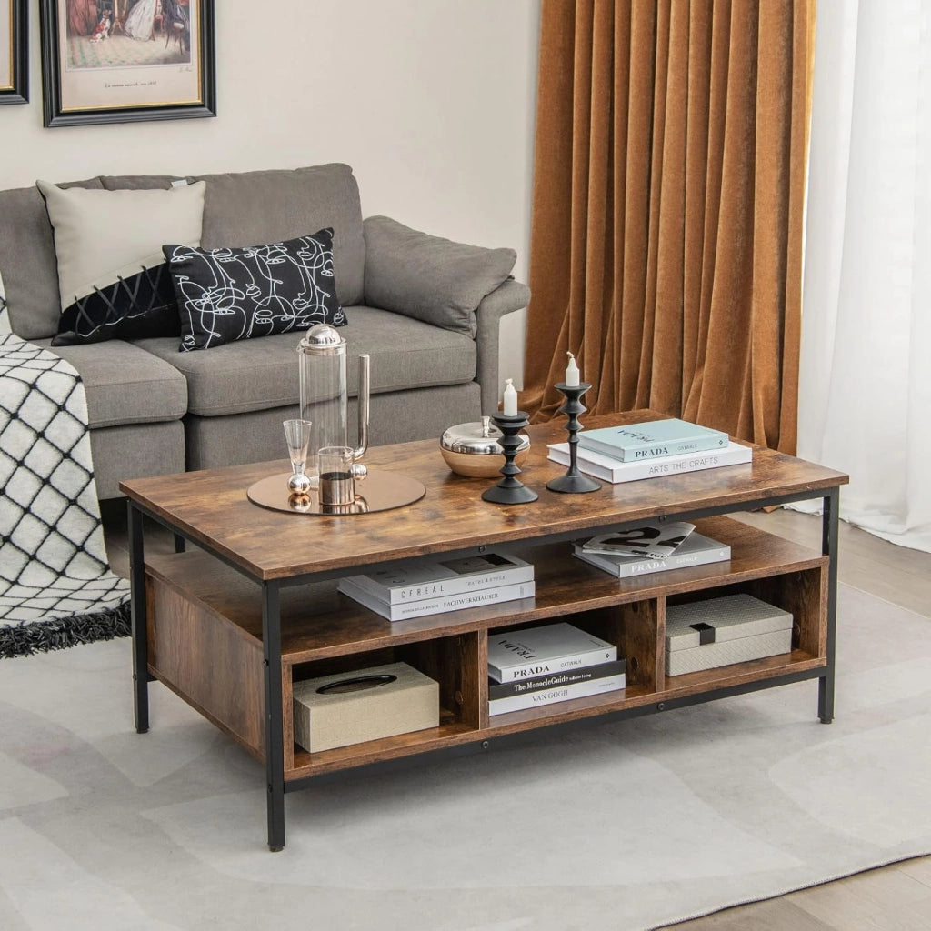 Tavolino da Caffè da Salotto, Tavolino Basso con Mensola Aperta e Telaio in Metallo Resistente, Tavolo Rettangolare in Legno per Soggiorno, Studio e Camera da Letto