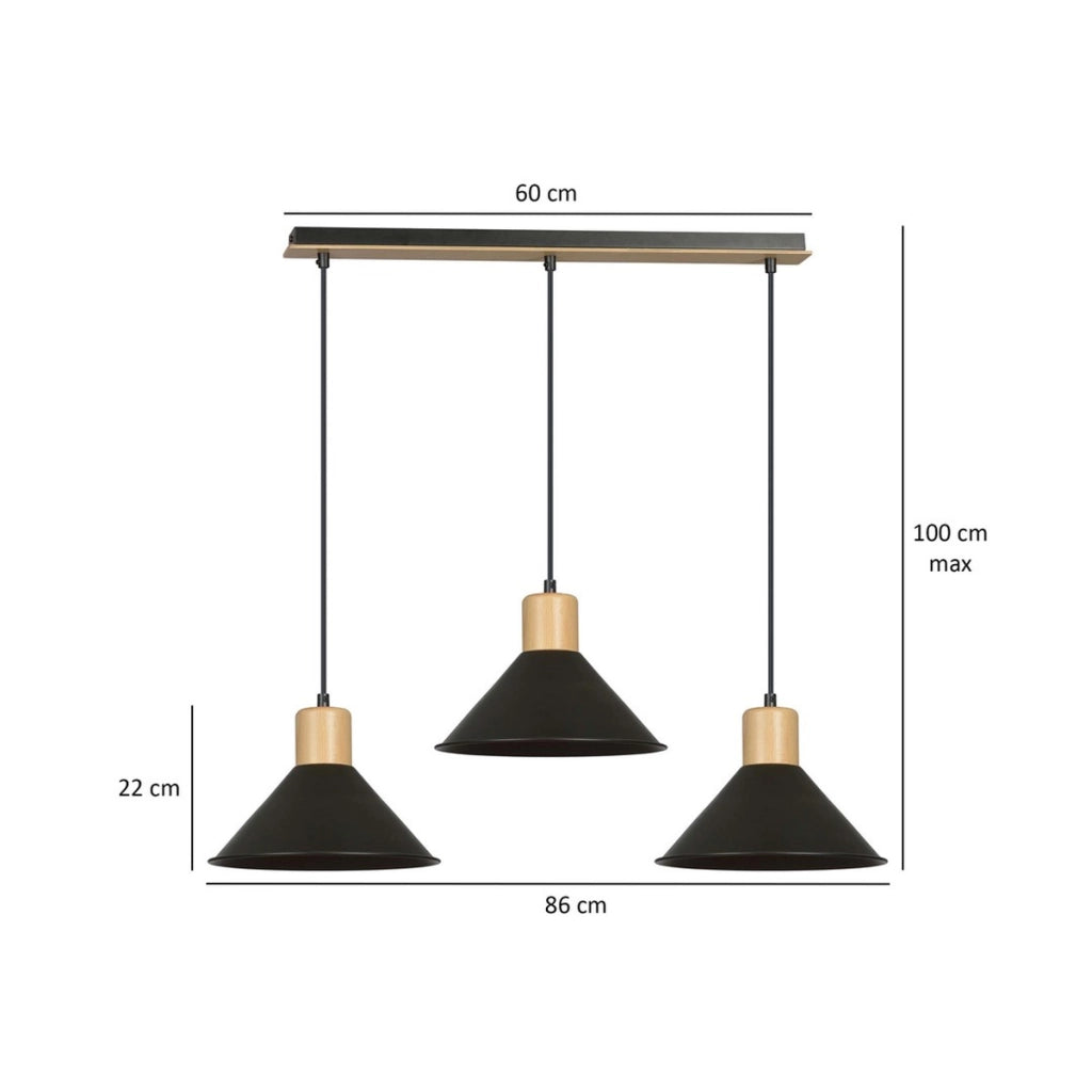 Lampada a sospensione ROWEN in acciaio nero e legno