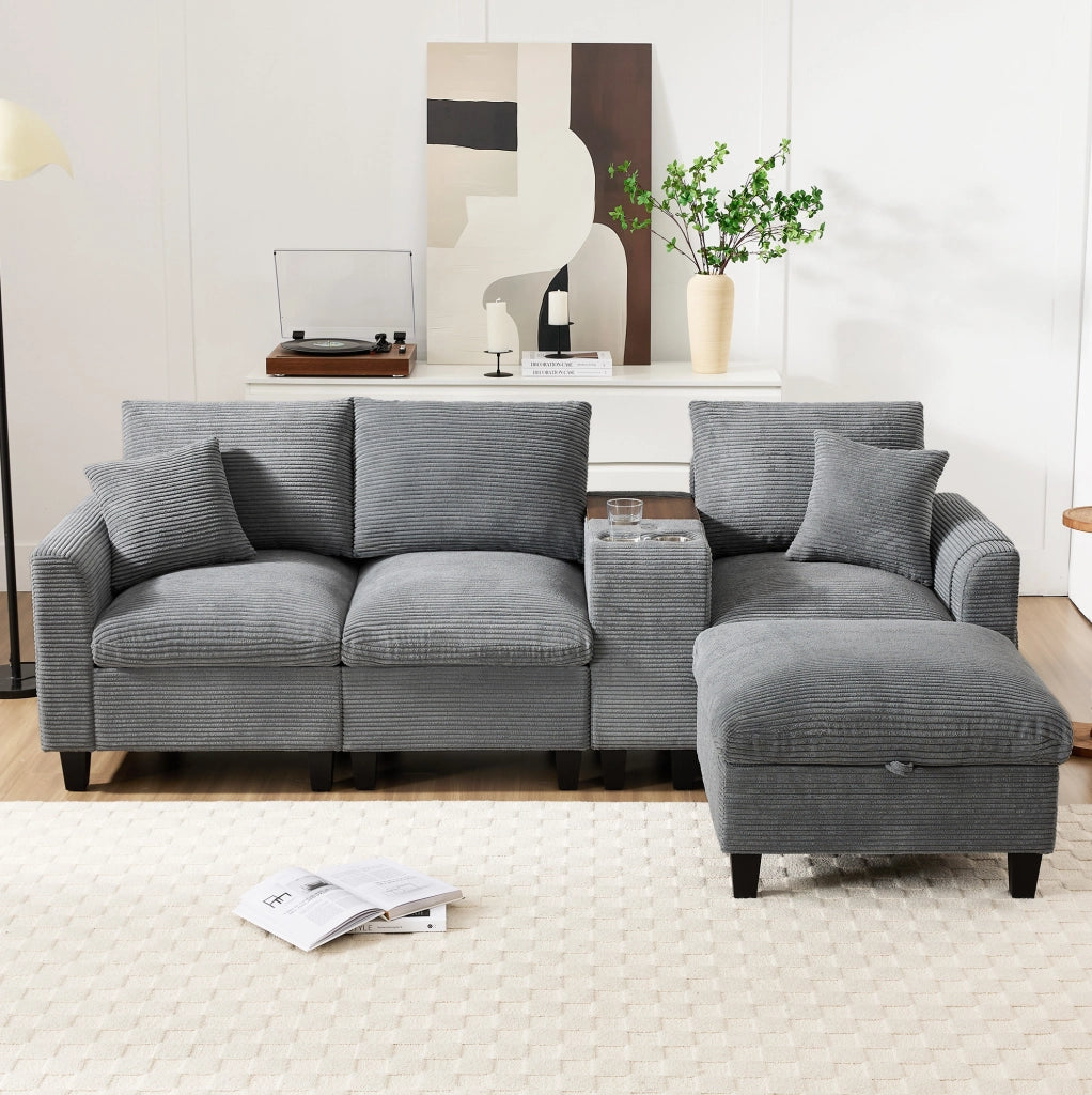 Divano angolare modulare con pouf contenitore; console con 2 USB e portabicchieri; corduroy grigio