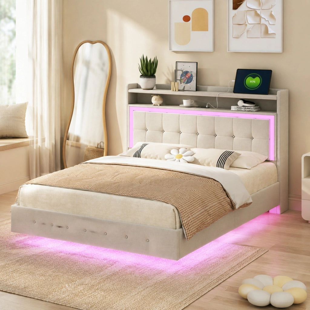 LETTO imbottito 140x200 cm beige in lino con USB e luci LED
