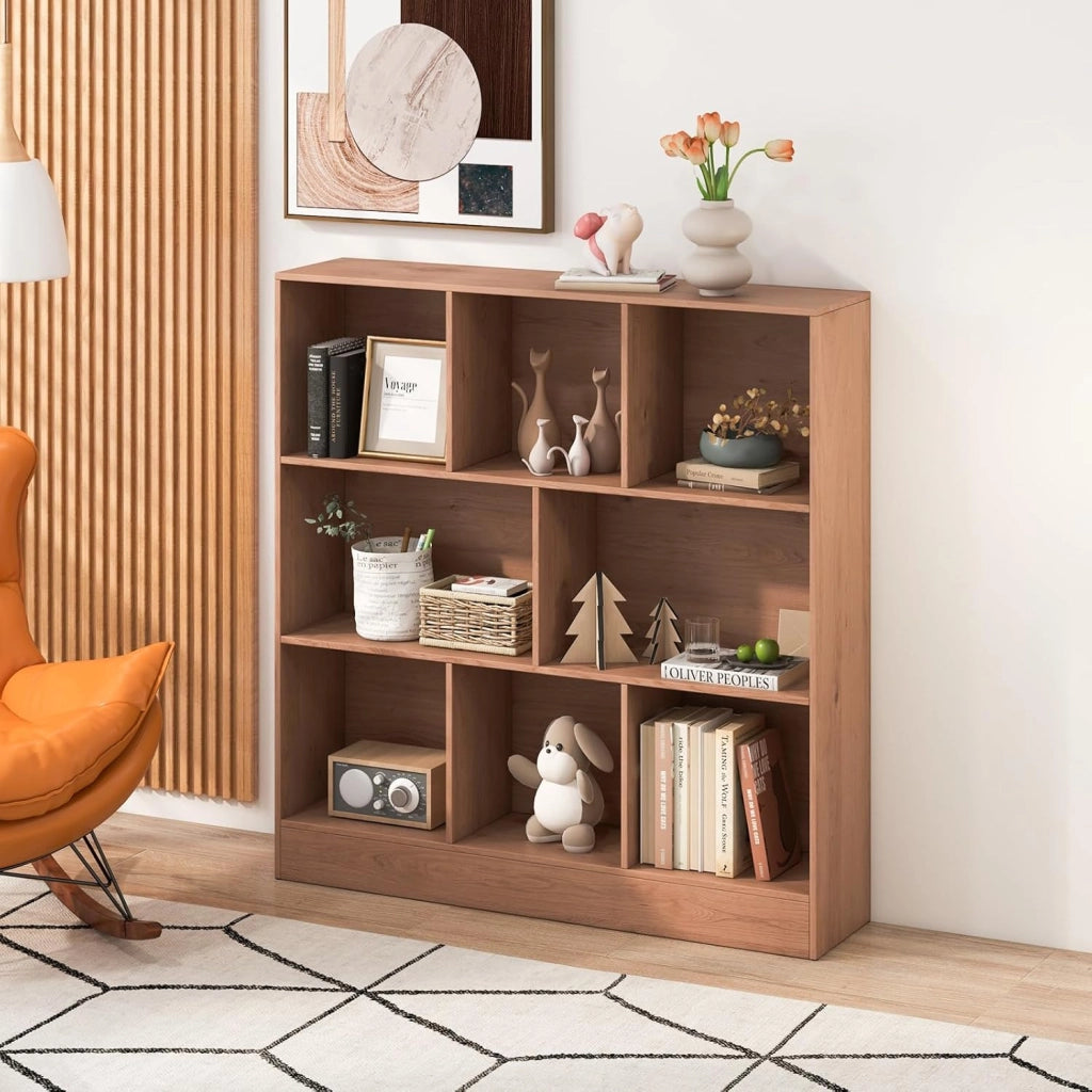 Libreria a 8 Cubi, Organizzatore di Stoccaggio a 3 Ripiani con 2 Kit Anti-Ribaltamento, Scaffale Multiuso in Legno per Soggiorno, Ufficio Stanza Bambini, 100x24x104 cm (Naturale)