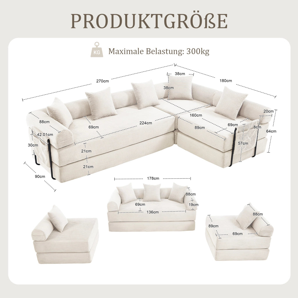 Divano modulare in velluto a coste con tasca laterale e funzione letto per soggiorno beige