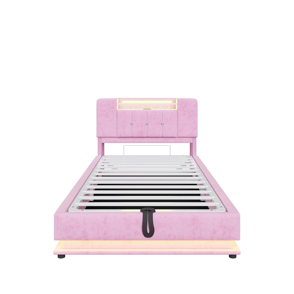 Letto imbottito rosa 90x200 cm; contenitore idraulico; LED e USB; in velluto per cameretta