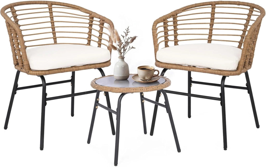 Salotto da Giardino per 2 Persone, Salottino in Rattan Include 2 Poltrone con Cuscini Imbottiti e Tavolino Rotondo con Piano in Vetro Temperato, Set da Esterno a 3 Pezzi per Balcone e Terrazza