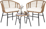 Salotto da Giardino per 2 Persone, Salottino in Rattan Include 2 Poltrone con Cuscini Imbottiti e Tavolino Rotondo con Piano in Vetro Temperato, Set da Esterno a 3 Pezzi per Balcone e Terrazza