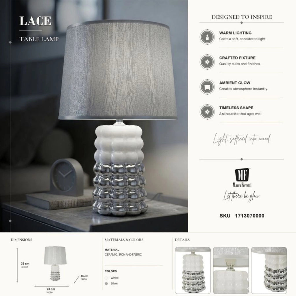 Lampada da tavolo Lace bianca e argento in ceramica Ø23×33 cm