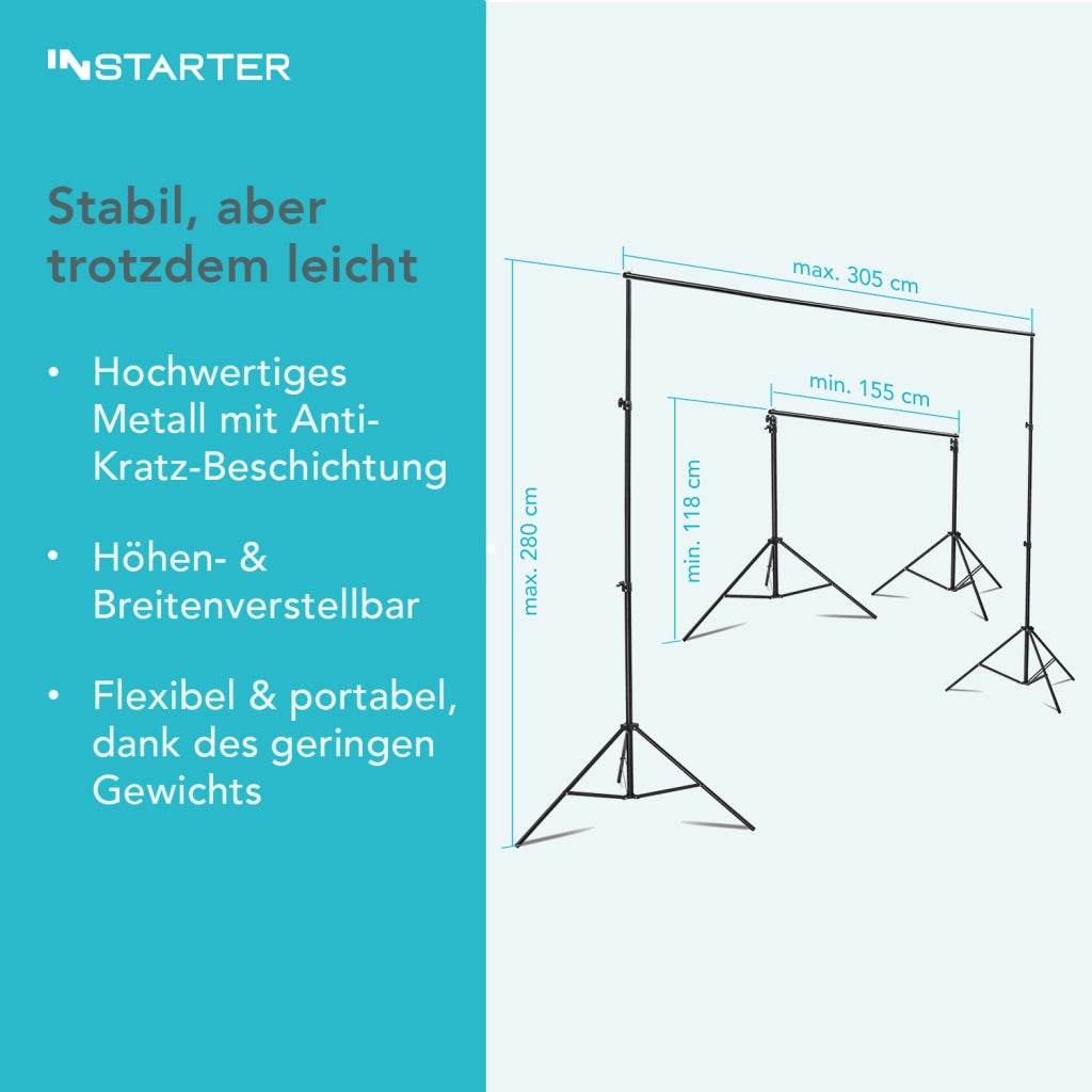 Instarter Sistema di sfondi largo 155-305 cm , sfondo fotografico in verde, bianco e nero, morsetti per fotografia e green screen, supporto per fondali in carta e tessuto