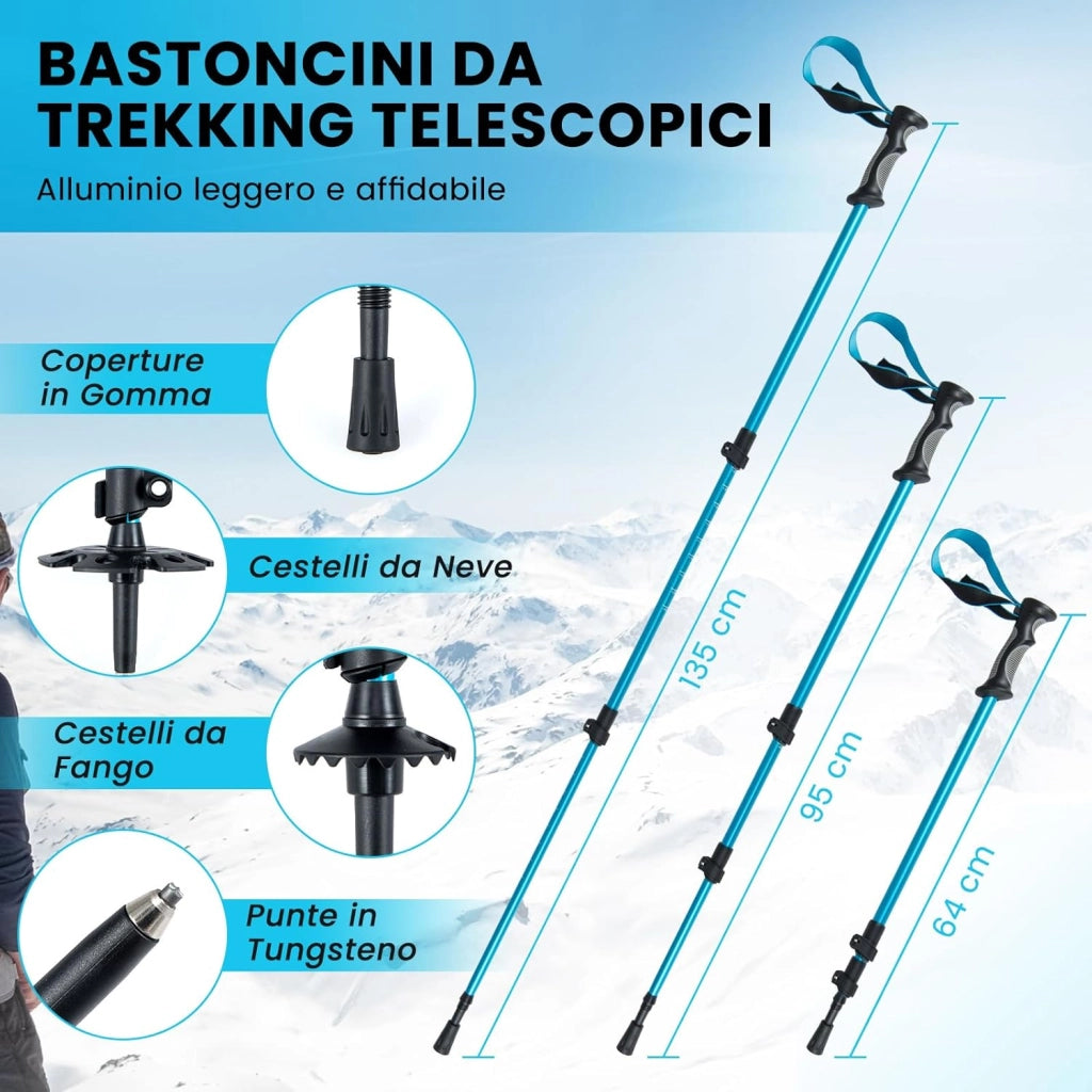 Set Racchette da Neve 35-45 per Uomo, Donna e Gioventù, Bastoncini da Trekking Telescopici 95-135 cm con Punte in Tungsteno, Dischi Neve e Dischi Fango, Ciaspole da Neve Leggere con Borsa