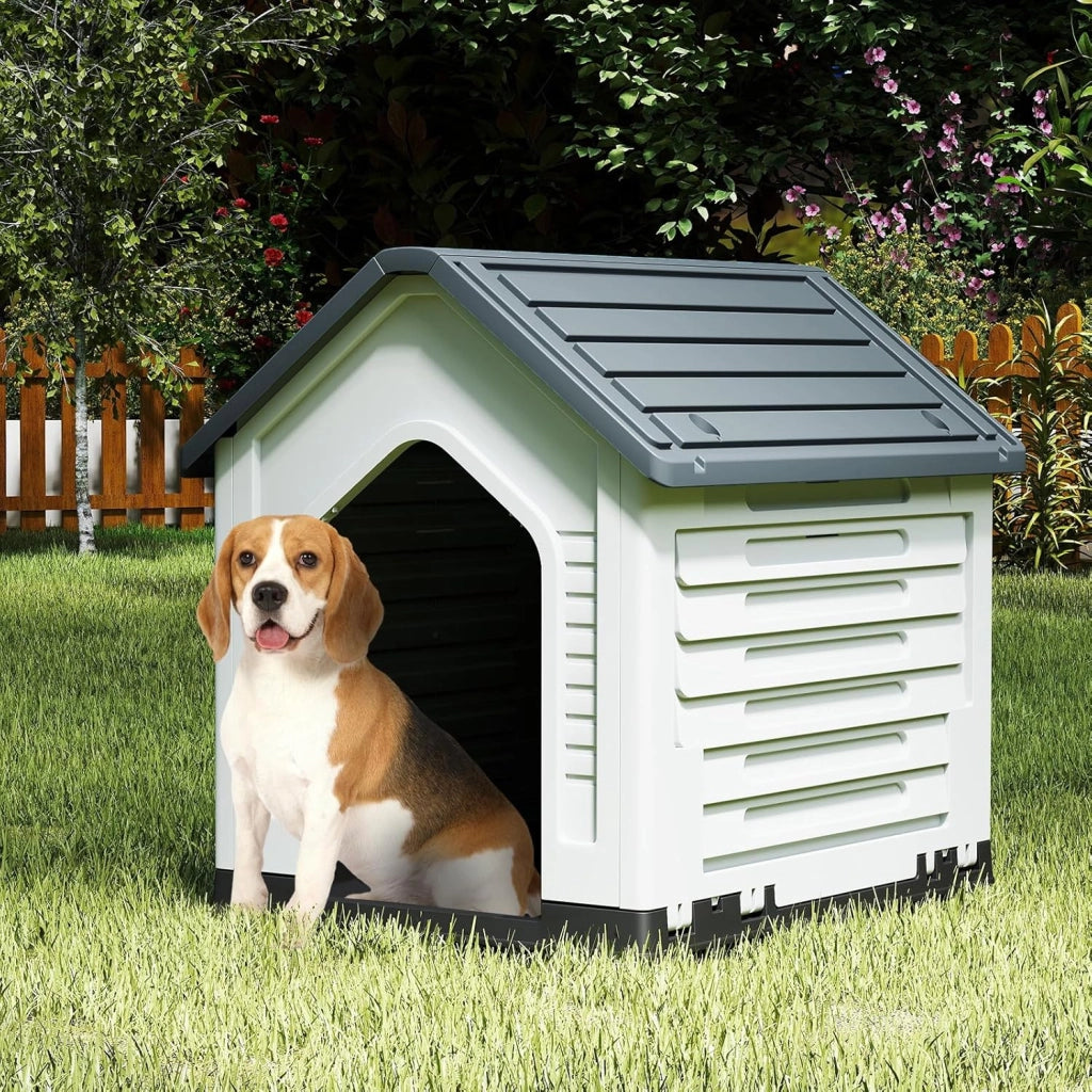 Cuccia per Cani da Esterno ed Interno, Cassetta per Cani Impermeabile con Porta in Metallo Bloccabile e Prese d'aria e Tetto Spiovente, Cucce per Cuccioli per Casa, 66,5 x 52 x 60 cm (Grigio)