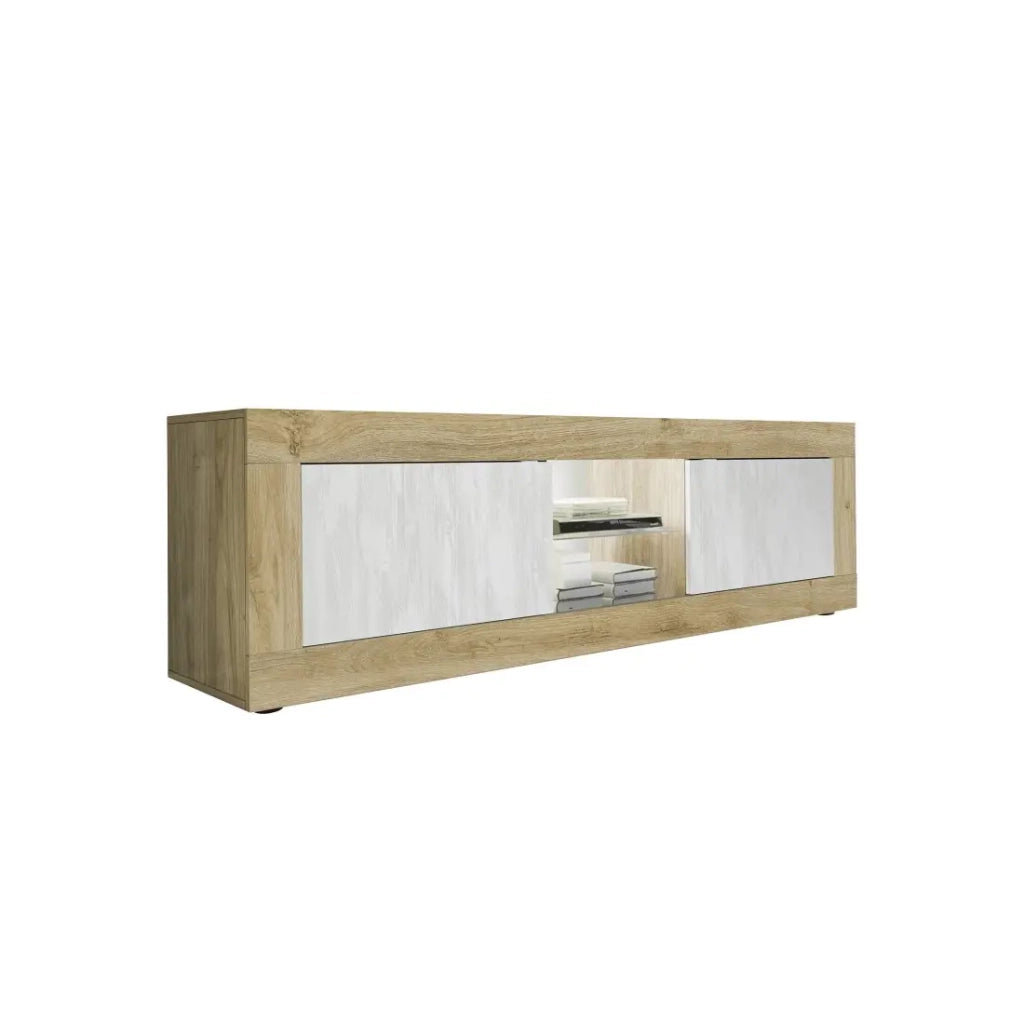 Mobile TV con 2 porte senza illuminazione ACCESS. Colori bianco e rovere chiaro.