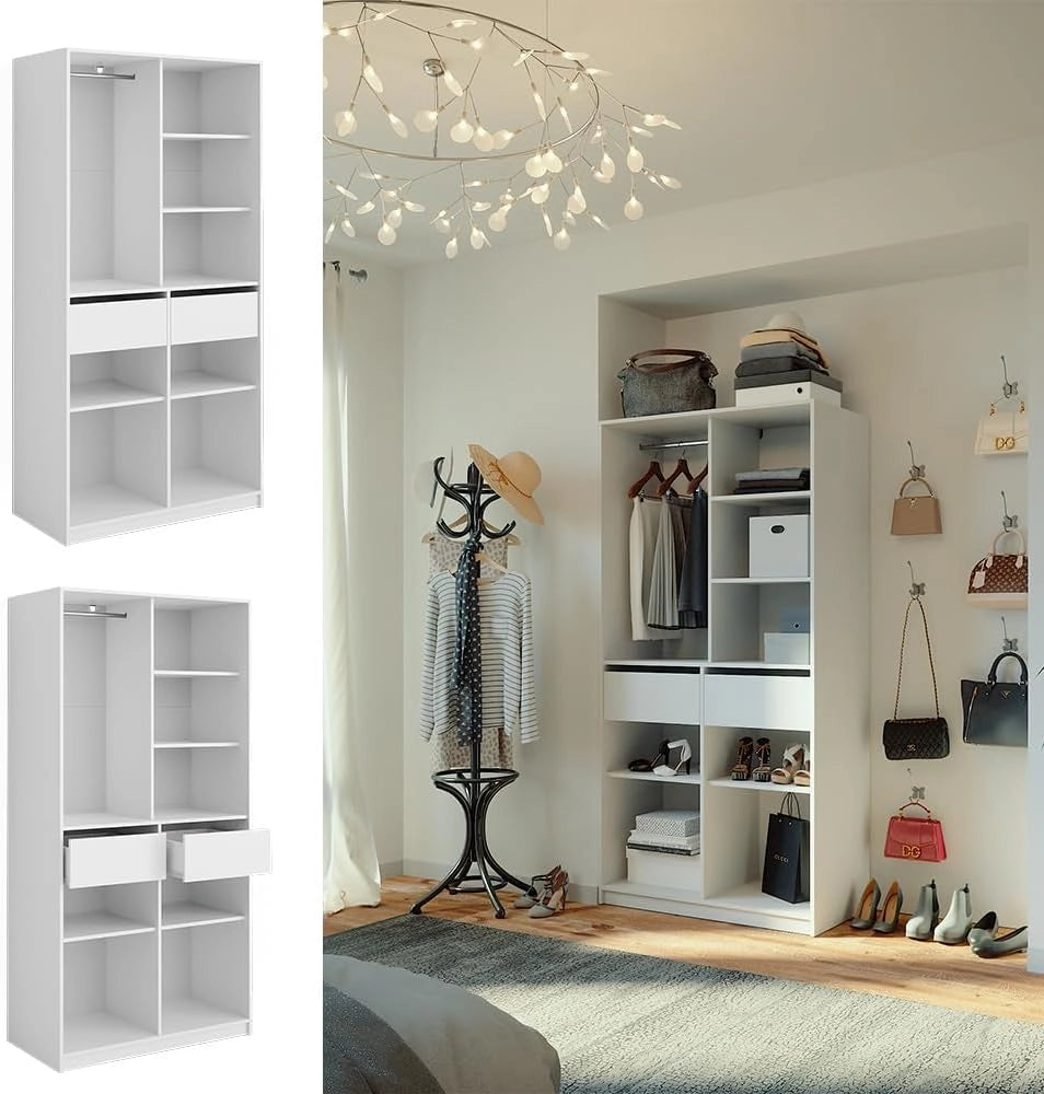 Armadio Elmo, Bianco, 100 x 200 cm con 2 cassetti, per una conservazione flessibile di diversi capi di abbigliamento