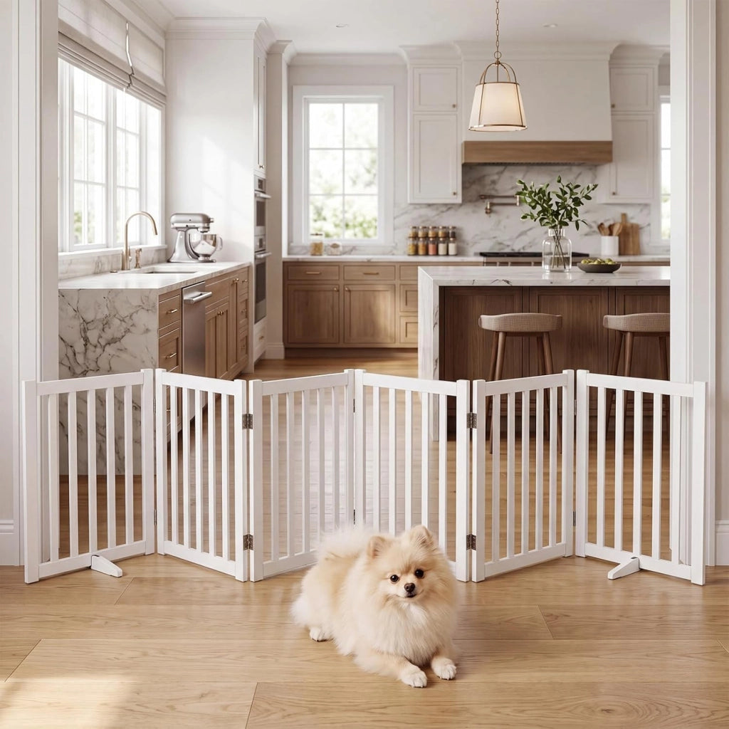 Cancelletto per Cani a 6 Pannelli, Cancello Pieghevole da Interno in Legno Massello, Semimontato, Barriera di Sicurezza Autoportante per Camino e Porta e Scala, 306 x 61 cm
