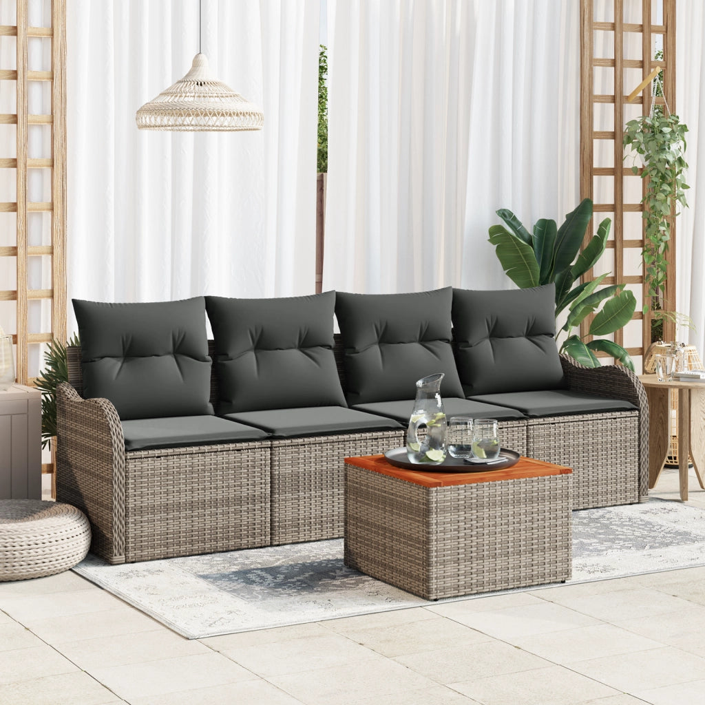Set Divano Giardino 5 Pezzi con Cuscini Grigio Polyrattan Acacia