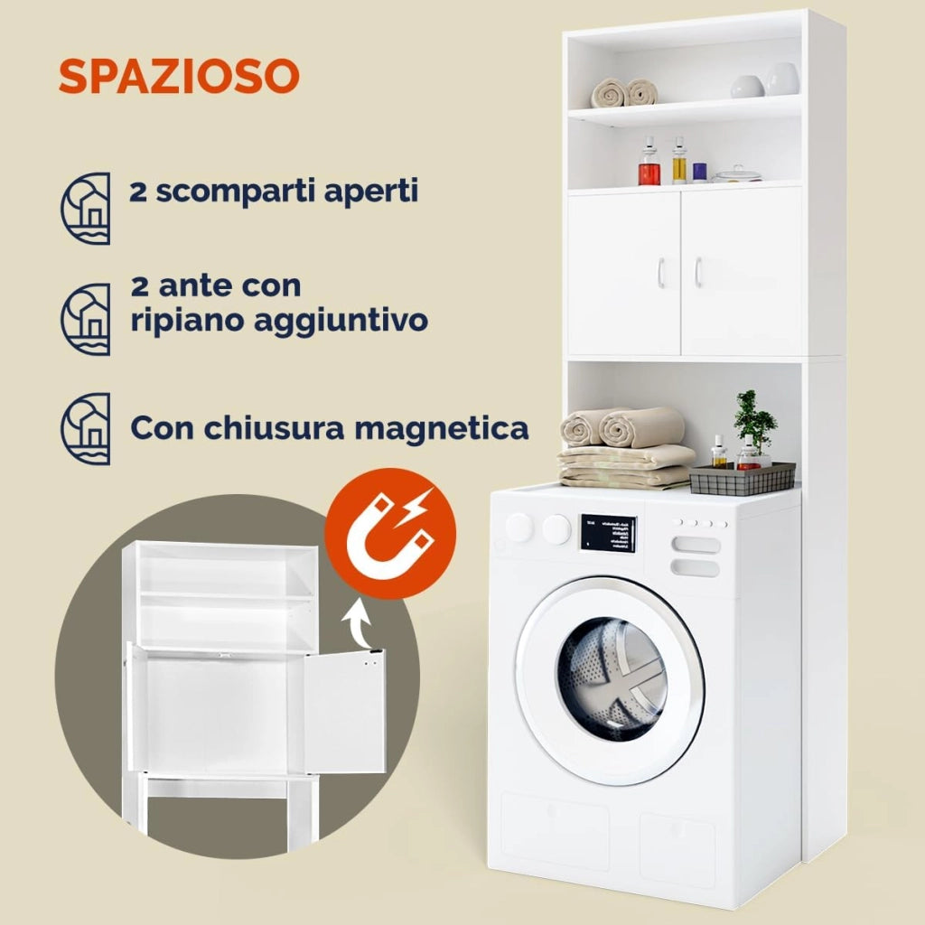 Mobile per Lavatrice Mobiletto da Bagno Armadio 3 Mensole 2 Ante 185x63x20cm Corridoio