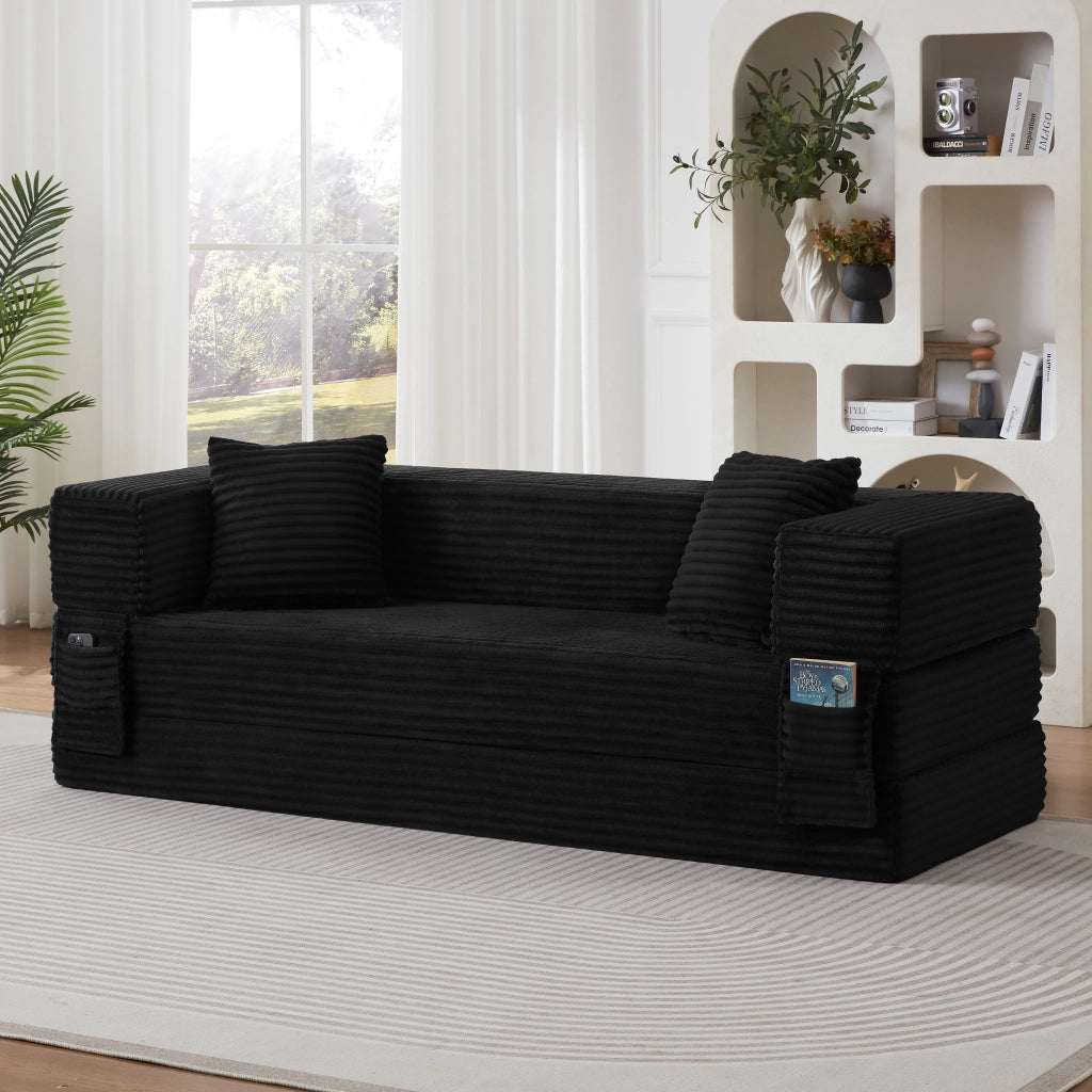 Divano convertibile in schiuma; design quadrato in velluto a coste; nero; per soggiorno