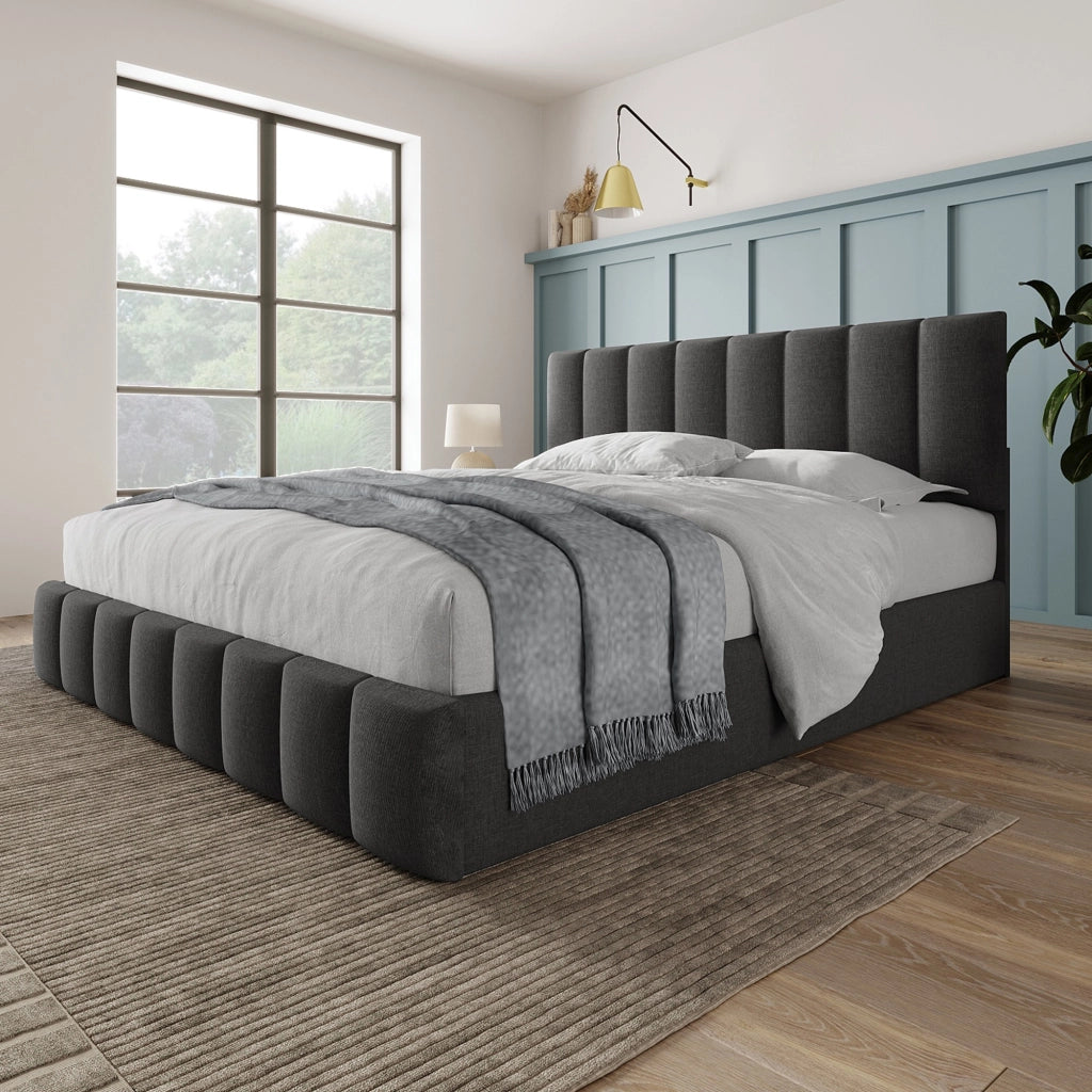 Letto matrimoniale imbottito 140x200 cm con contenitore idraulico, testiera regolabile e materasso, grigio