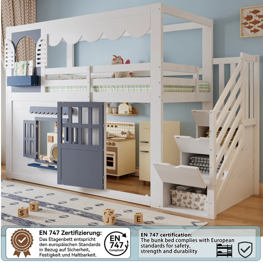 Letto semialto per bambini 90x200 cm con design a casetta; scala contenitore bianco e blu