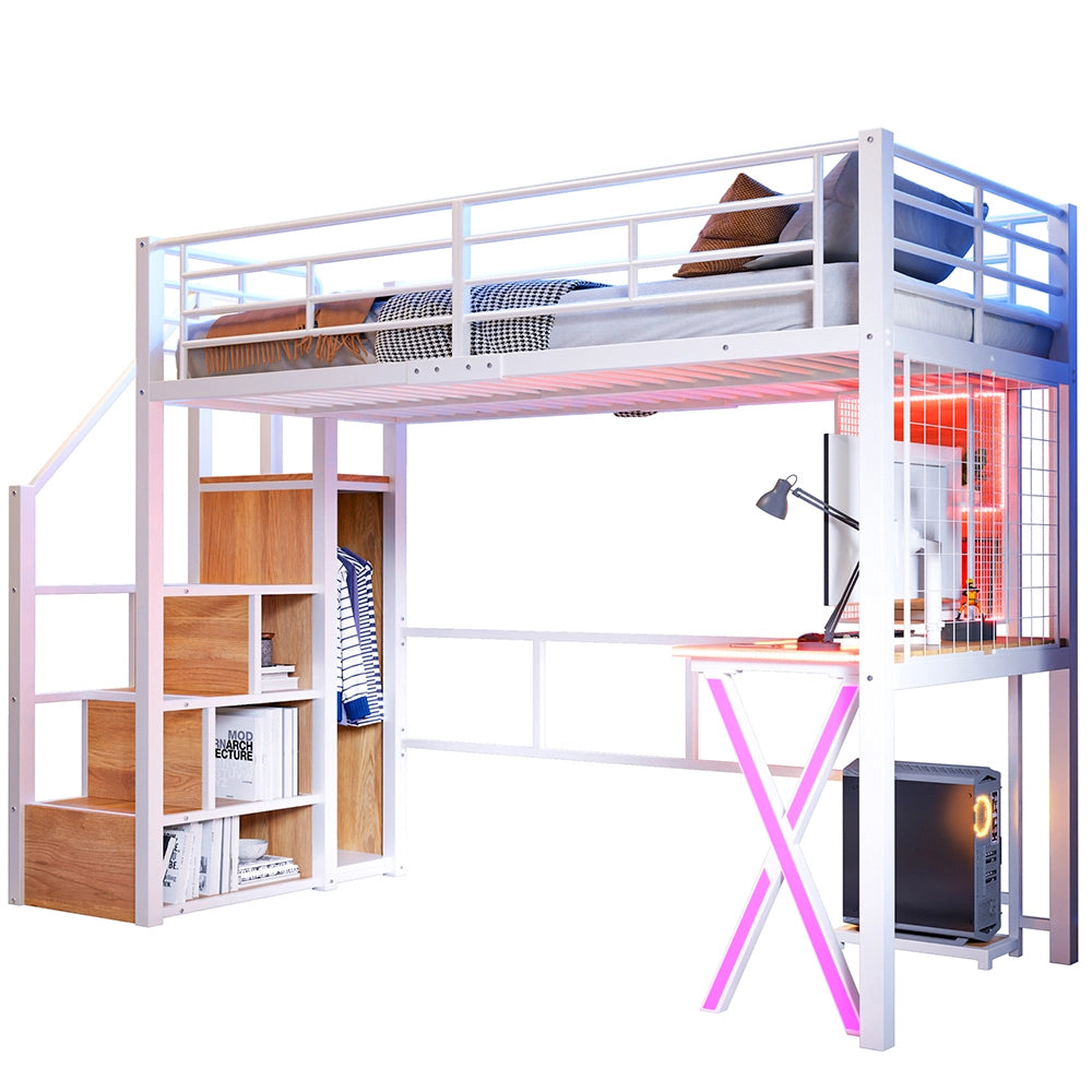 Letto mezzanino 90x200cm - Xylo - bianco, armadio, scrivania, illuminazione LED