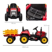 Trattore Elettrico per Bambini 3-6 Anni con Rimorchio Rimovibile, Batteria 12V e Telecomando, Rosso