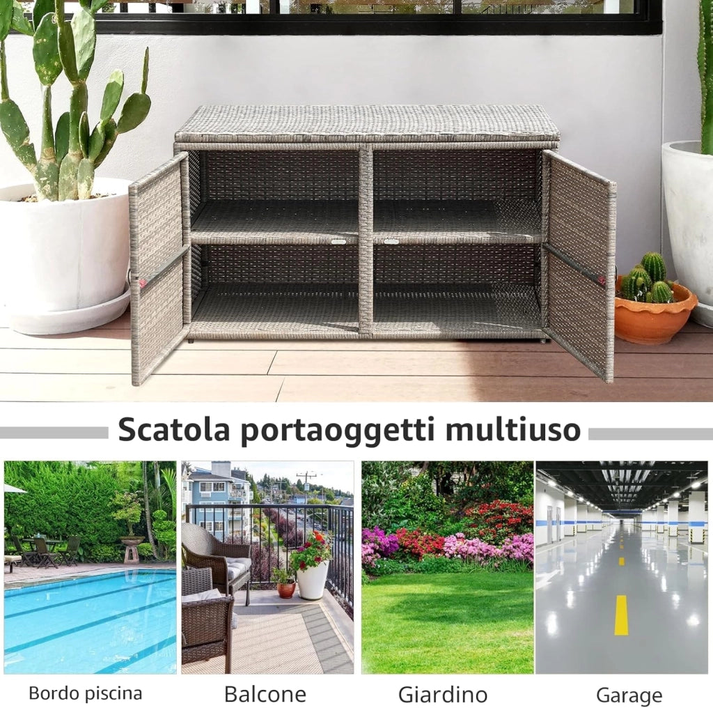 Cassapanca Contenitore da Esterno da 330L in Rattan, Telaio in Acciaio, Baule da Giardin Resistente ai Raggi UV, Mobile Balcone Impermeabile a 2 Ripiani per Cortile, 115x60x65 cm (Grigio)