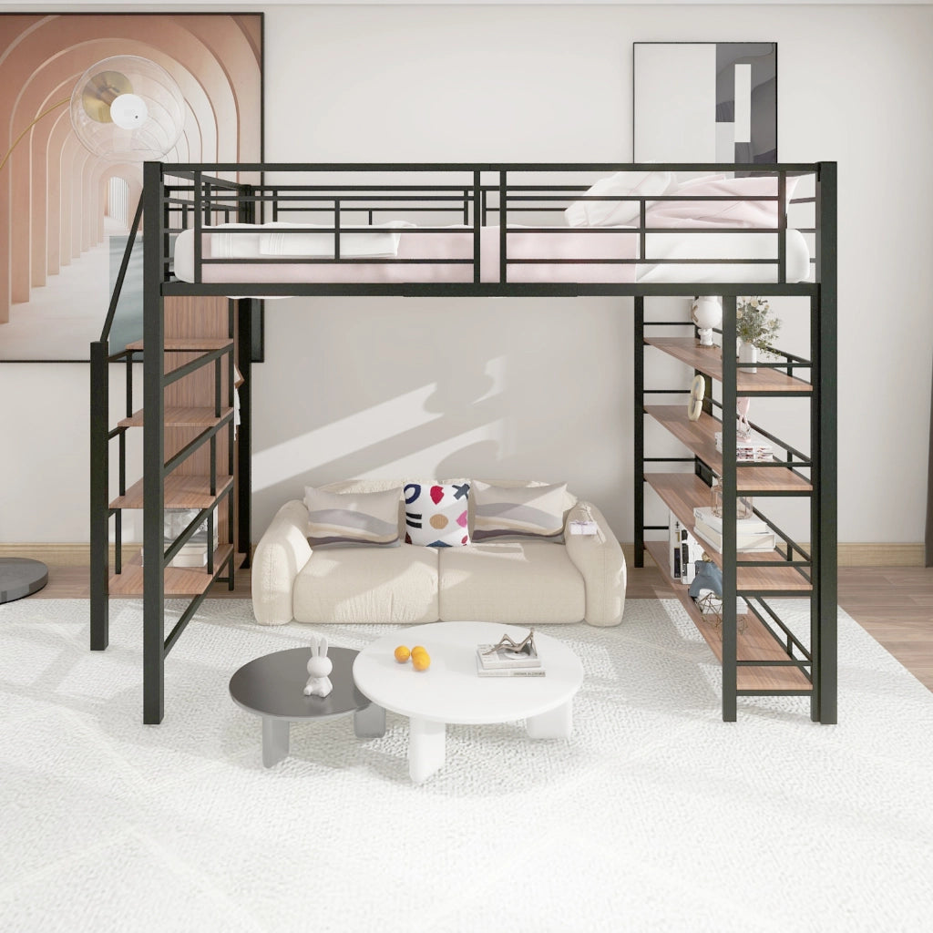OKWISH Letto a soppalco 140×200 cm, Letto Matrimoniale con Scala Contenitore, Armadio e Mensole, senza Materasso, in Metallo, Nero