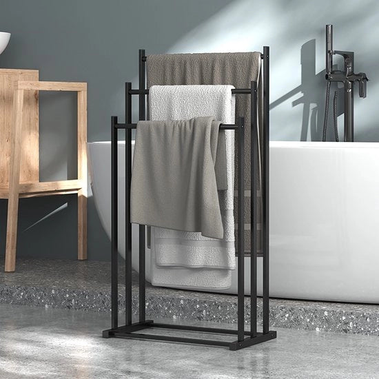 Handdoekrek a 3 braccia - Bagno - Handdoekenrek - Handdoekrek in piedi - Senza forare - Libero - Extra ampio e alto - Nero - Maniglione per asciugamani - Maniglione per asciugamani