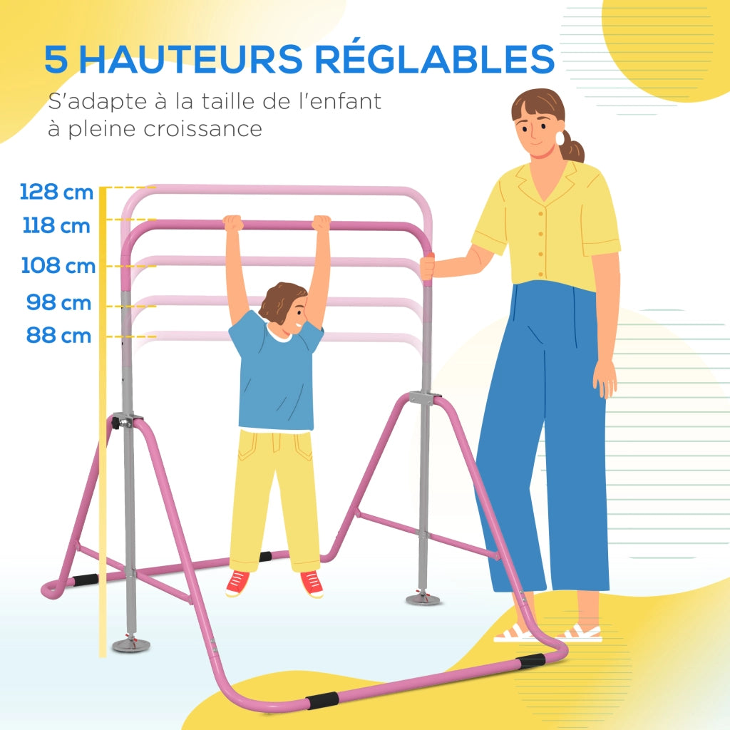 Sbarra Ginnastica Pieghevole per Bambini ¨C zephmum ¨C Rosa, Altezza Regolabile 88-128 cm