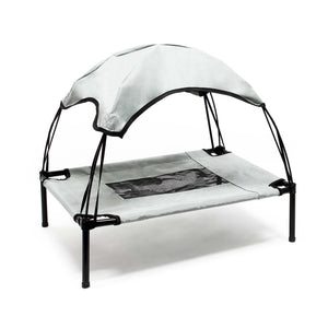 Brandina per cani e gatti con tettoia grigia, cuccia per cani max 25kg, lettino da esterno per animali con tettuccio parasole, 76x60x16cm