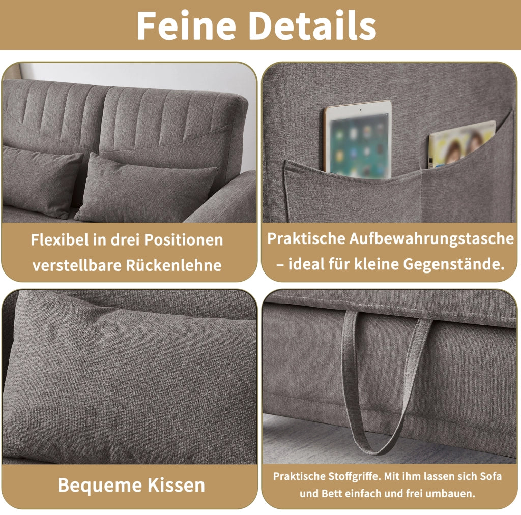 Divano letto a 2 posti grigio con schienale reclinabile a 3 posizioni; letto 166 x 95 cm