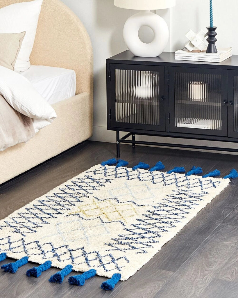 Tappeto beige in cotone 80 x 150 cm rettangolare frange motivo geometrico soggiorno camera da letto