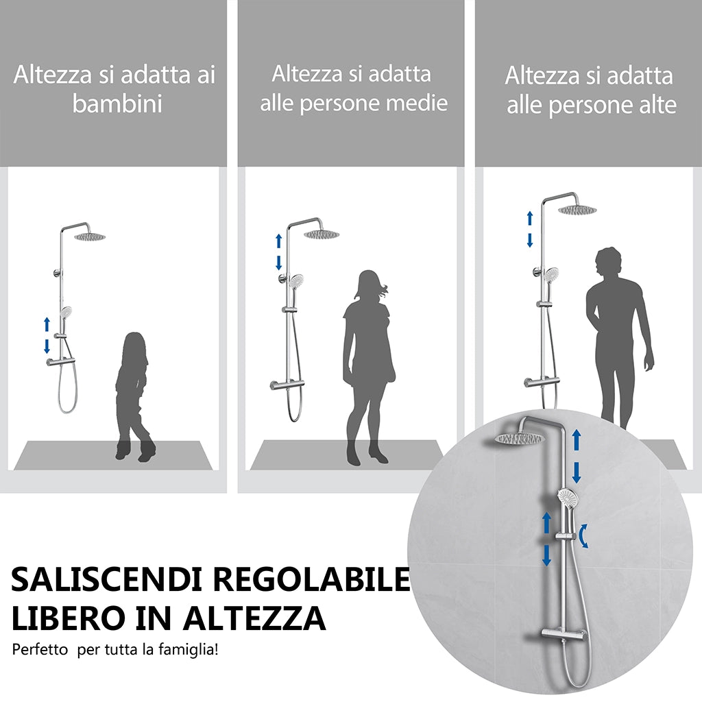 Kit doccia con miscelatore termostatico, soffione rotondo da 25cm, doccetta tonda 23x10.8cm, colonna doccia regolabile 72-120cm, cromo