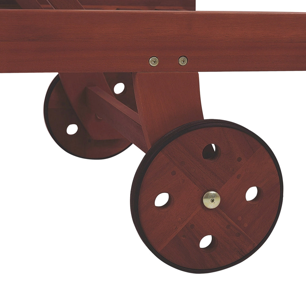 Lettino prendisole da giardino in legno di acacia chiaro schienale regolabile ruote integrate stile rustico