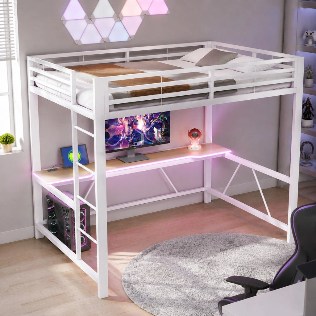 Letto a soppalco 140x200 cm con scrivania e LED in metallo bianco