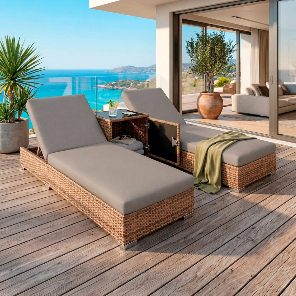 Set 2 Lettini Prendisole In Polyrattan Con Tavolino Sdraio Regolabile Da Giardino Terrazzo Piscina 184 x 60 x 21 Cm Marrone Chiaro E Grigio
