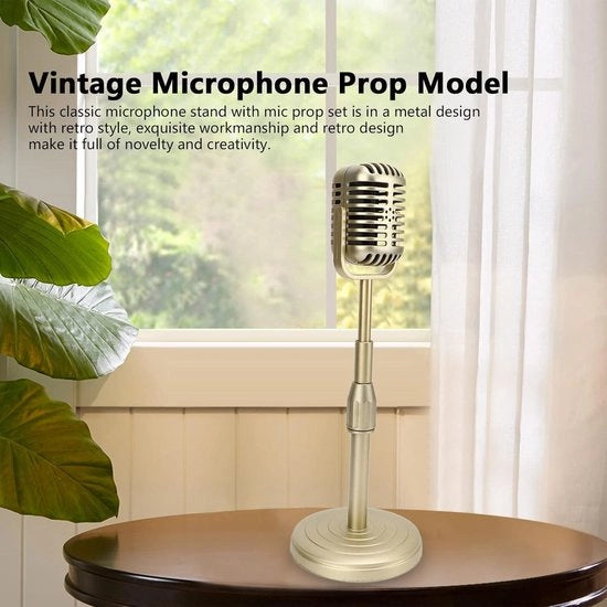 Microfono Vintage con Base Stabile e Supporto a Mano in Stile Retro per Fotografia Propset in Acciaio Inox.