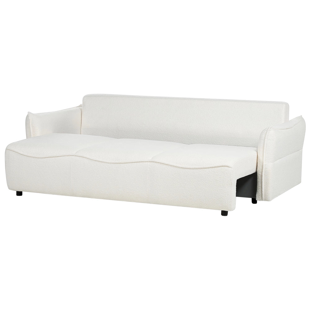 Divano letto in tessuto bouclé bianco convertibile con cuscini aggiuntivi rimovibili, con rivestimento in stile moderno e minimalista.