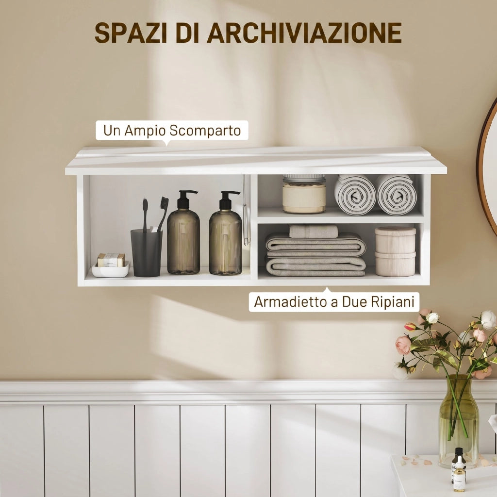Mobiletto bagno pensile con anta a ribalta e ripiani, 80x25x30 cm, bianco