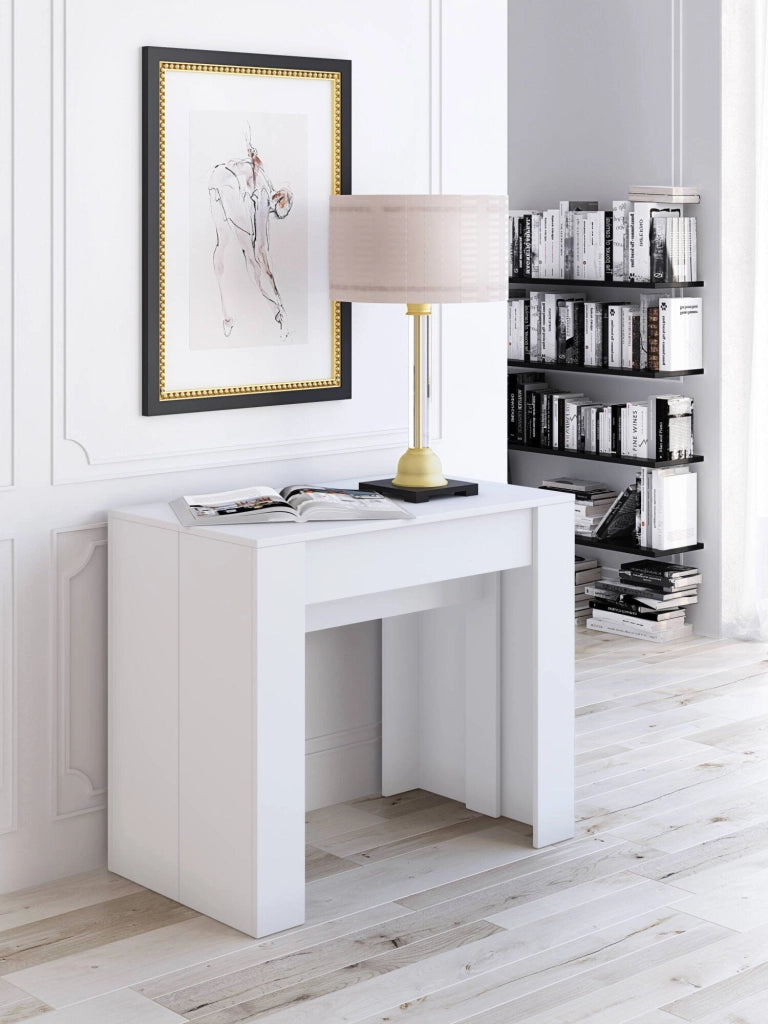 Consolle allungabile Vaelis, trasformabile in tavolo da pranzo, salvaspazio ed estensibile fino a 237 cm, 90-237x76,6x90 cm, Effetto legno bianco