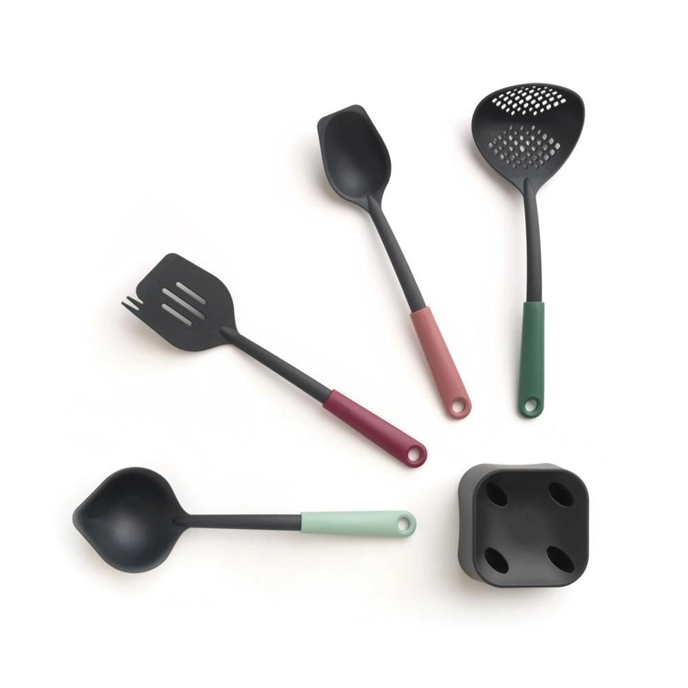 Brabantia 123184 Tasty+ Set Utensili da Cucina 4 Pezzi con Supporto in Nylon Termoresistente Fino a 220 °C Lavabile in Lavastoviglie colore Multicolore