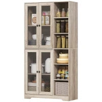 Credenza Cucina Alta con Vetrina a 4 Ante, Chiusura Soft e 6 Ripiani aperti Regolabili, design moderno, 90x35x172 cm Grigio Chiaro |Aosom Italy