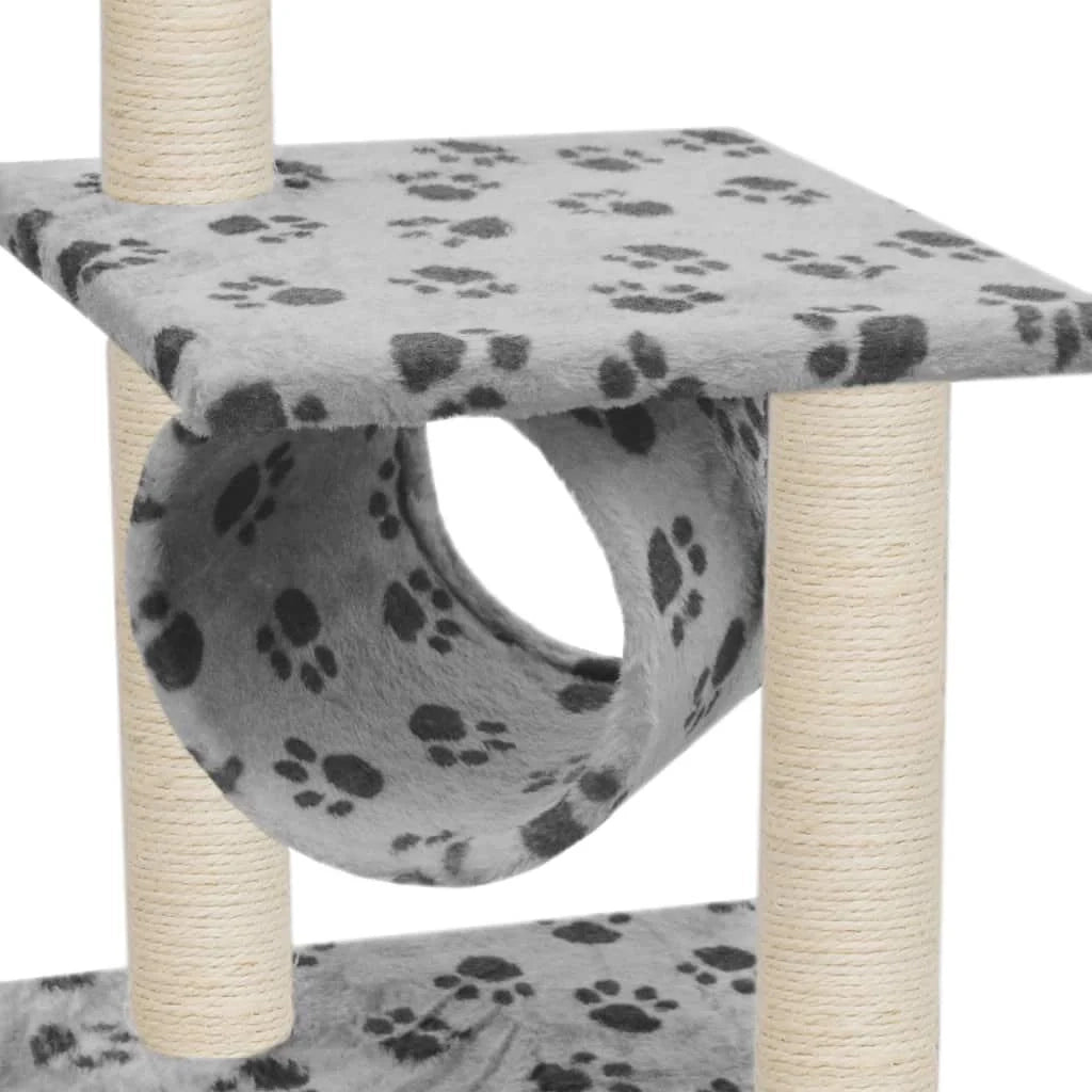 Tiragraffi albero per gatti cuccia per gatti peluche in sisal 65 cm grigio con motivo a impronta di zampa 3702104