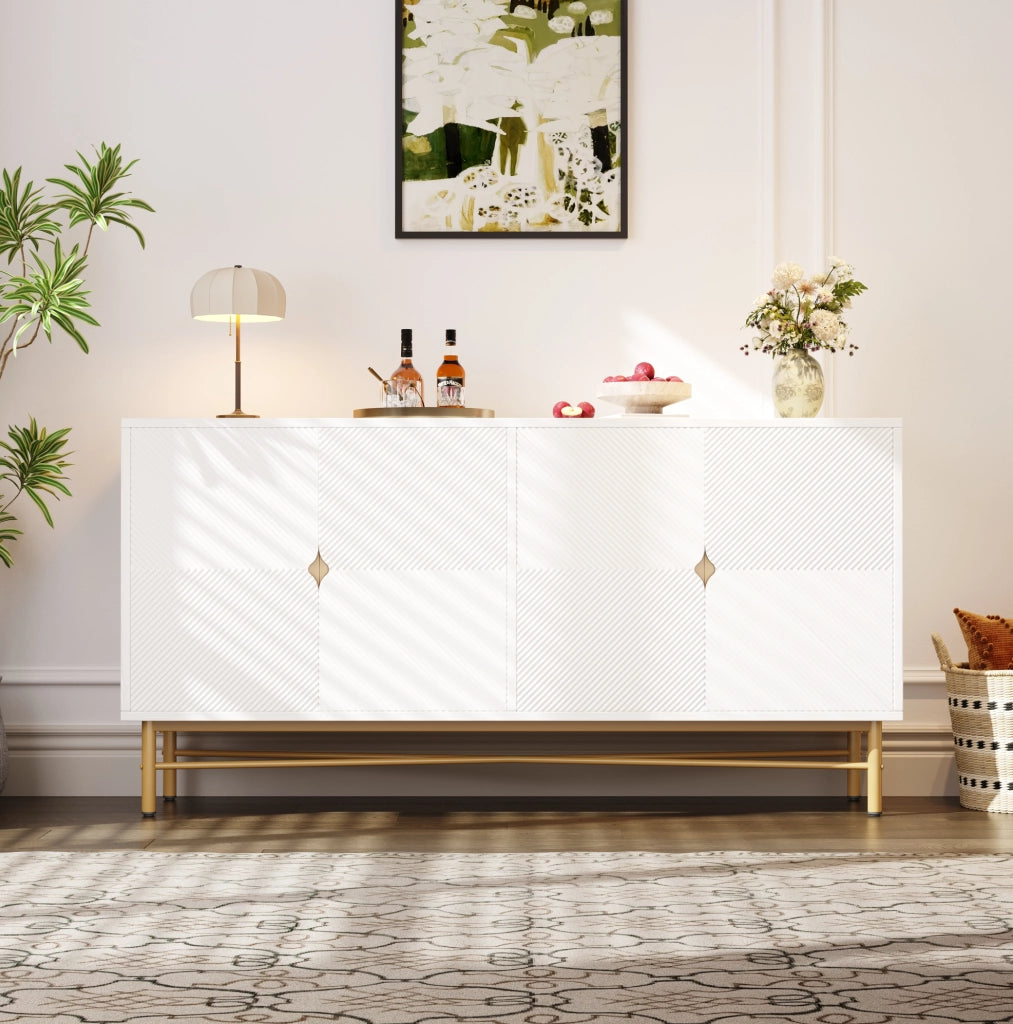Credenza Bianca con 4 Porte, Superficie Testurizzata e Maniglie Dorate Spazzolate, 160×40×82 cm
