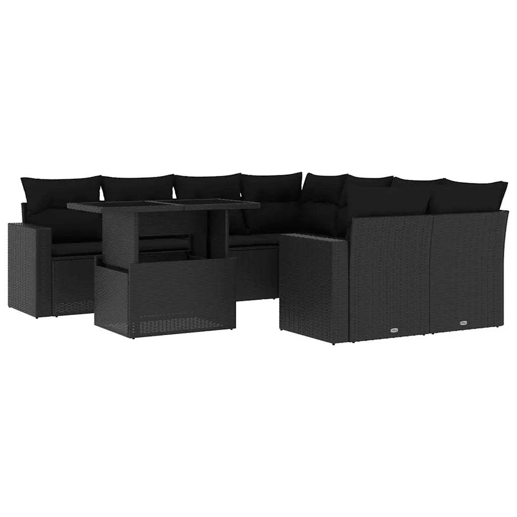 Set Divani da Giardino 9 pz con Cuscini Nero in Polyrattan 3267165
