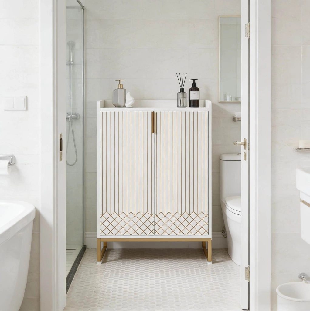 Scarpiera a 5 ripiani in legno e metallo con 2 ante; bianco e oro