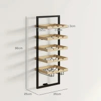 Portabottiglie da Parete in Legno e Acciaio per 15 Bottiglie di Vino e 4 Calici, 35x25x86cm