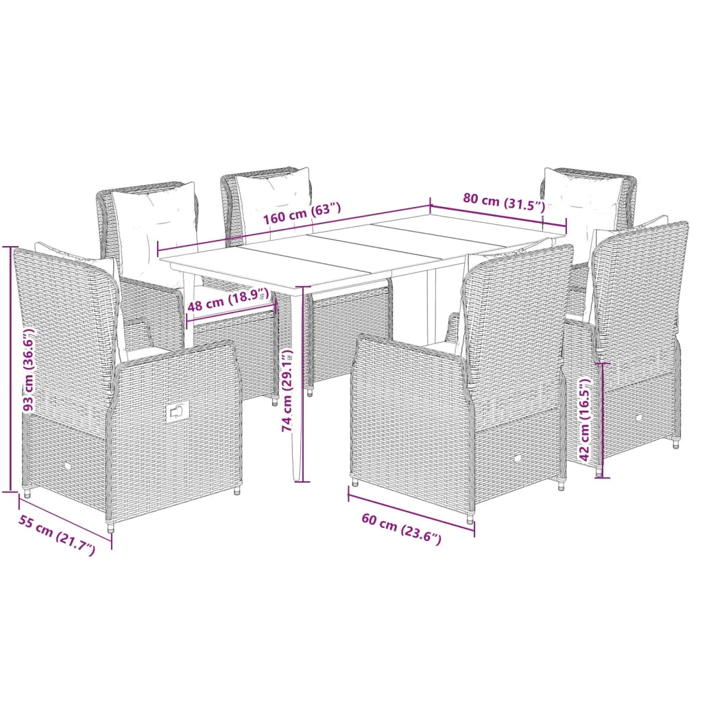 Set da Pranzo da Giardino 7 pz Cuscini Polyrattan Grigio Chiaro 3262900