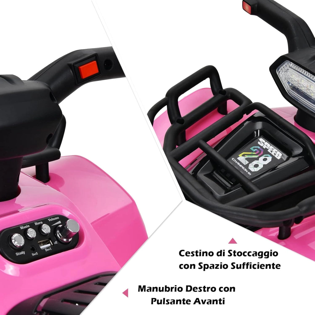 Quad Elettrico per Bambini, Auto Elettrica Cavalcabile con luce LED Musica e Box Anteriore, Mini Quad Regalo per Bambini 18-36 Mesi (Rosa)