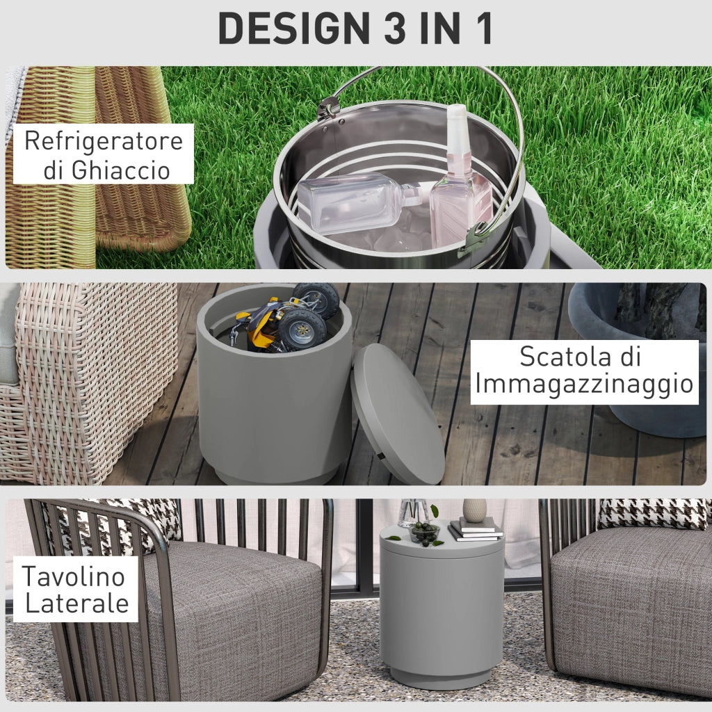 Tavolino Multiuso con Secchiello Ghiaccio e Coperchio, in Cemento e Acciaio Inox, ?37.5x43.5 cm, Grigio Chiaro
