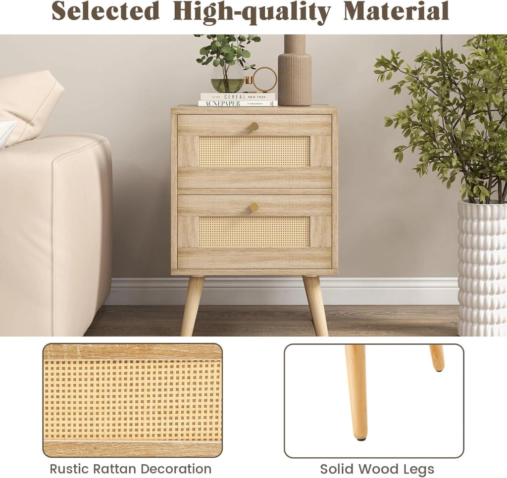 Comodino con 2 cassetti in rattan, comodino in legno, tavolo laterale stretto con gambe in pino, comodino per camera da letto, soggiorno, 40 x 40 x 59 cm (2 pezzi)
